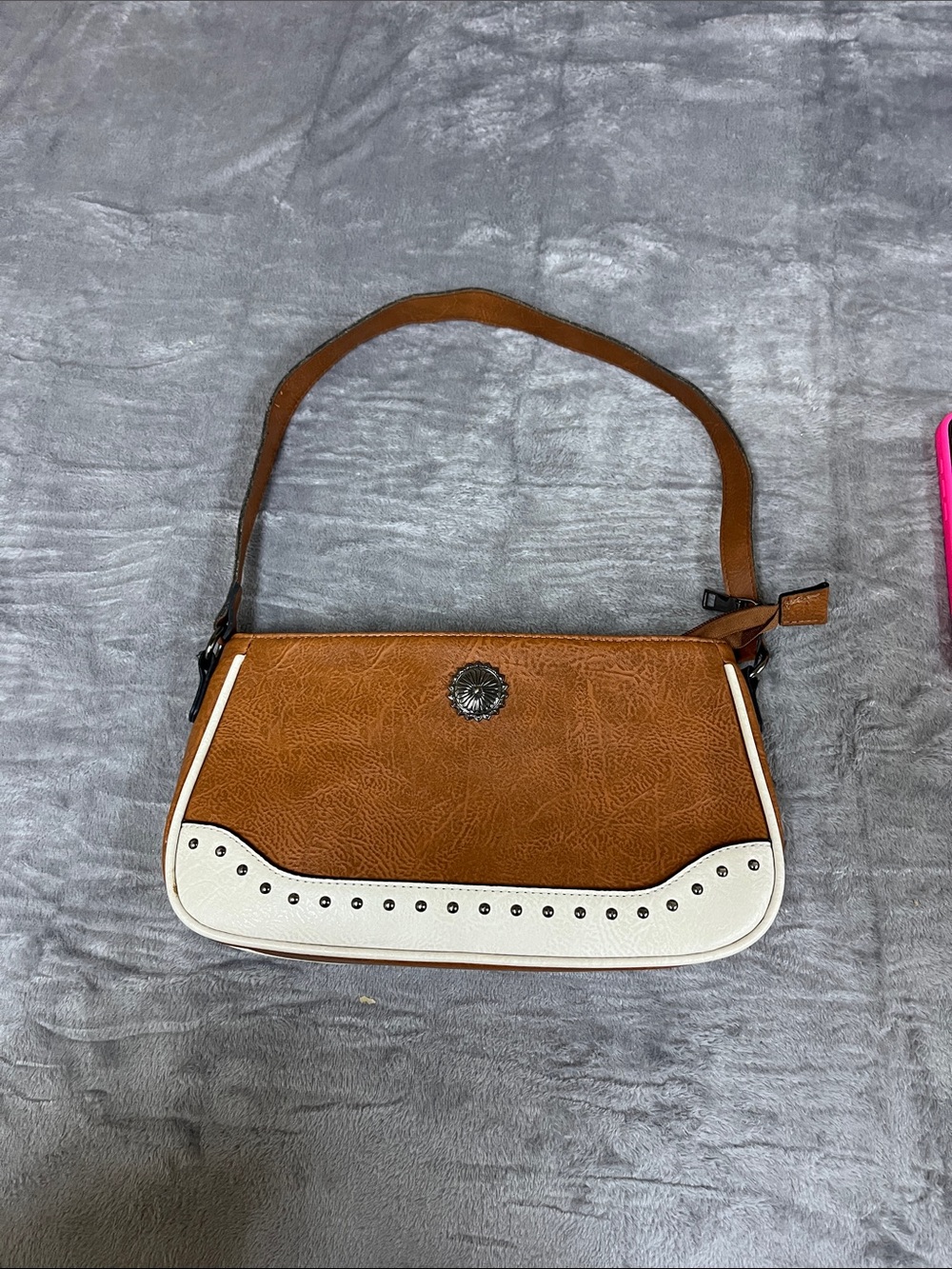 Brown and White Shoulder Bag with Decorative Medallion